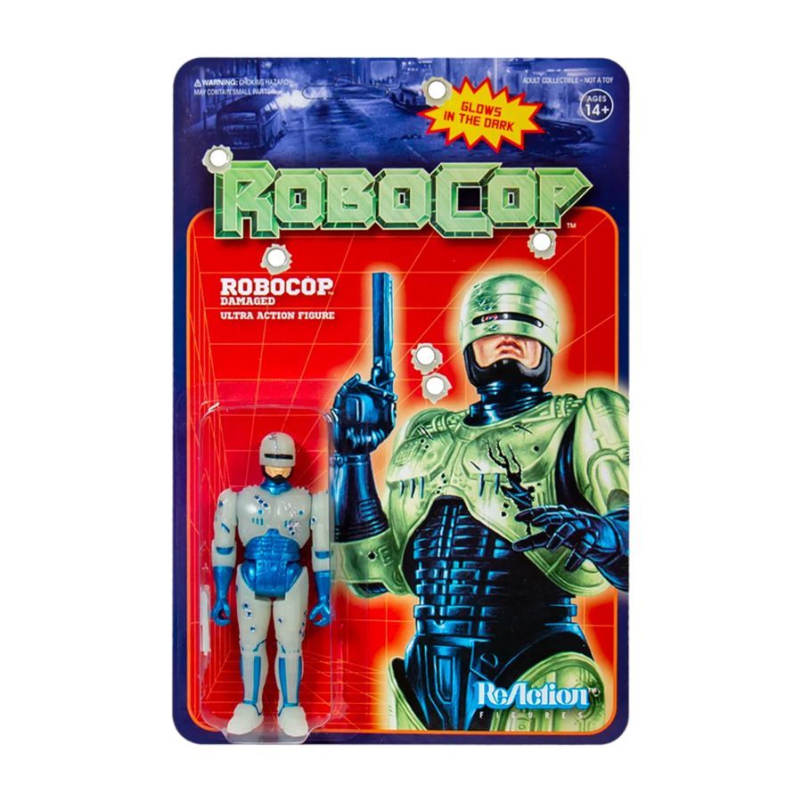 Robocop figure, with blue metal accents and glow in the dark armour. RoboCop (1987) – Battle Damaged Glow in the Dark Figure 