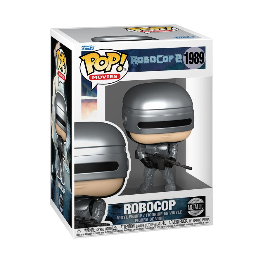 Funko Pop! vinyl figure packaging of RoboCop with metallic finish on a white background