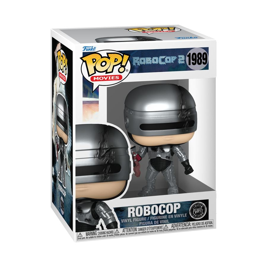 Robocop posed with his brain and brain stem in Funko branded packaging. 