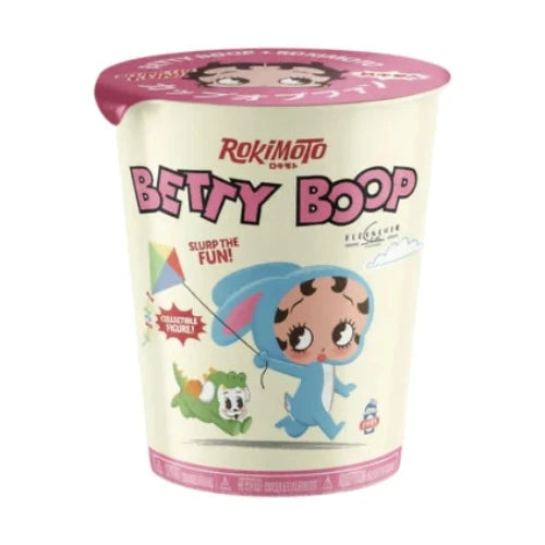 Rokimoto branded ramen style cup with pink and white colour story. Betty boop is seen on cover in blue rabbit costume with a Kite and pet dog. 