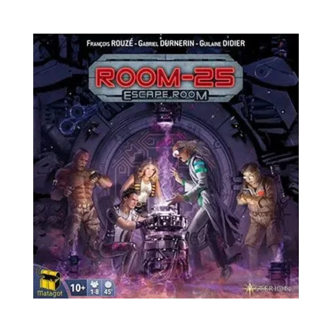 Board game box for 'Room-25 Escape Room' with characters around a central console.