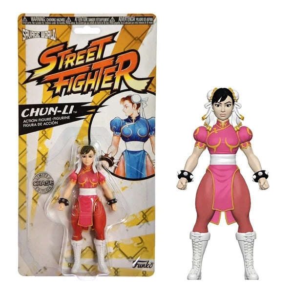 Cardboard packaging with street fighter branding, text on box is bright orange, with a clear window holding the figure inside.
