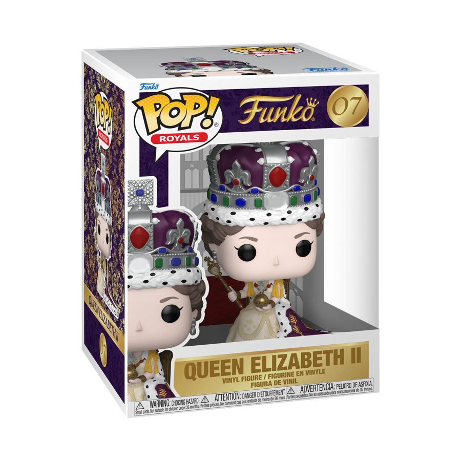 Queen Elizabeth Pop! Vinyl with Crown Jewels and velvet Coronation gown. Royal Family - Queen Elizabeth II (Coronation) Pop! Premium.
