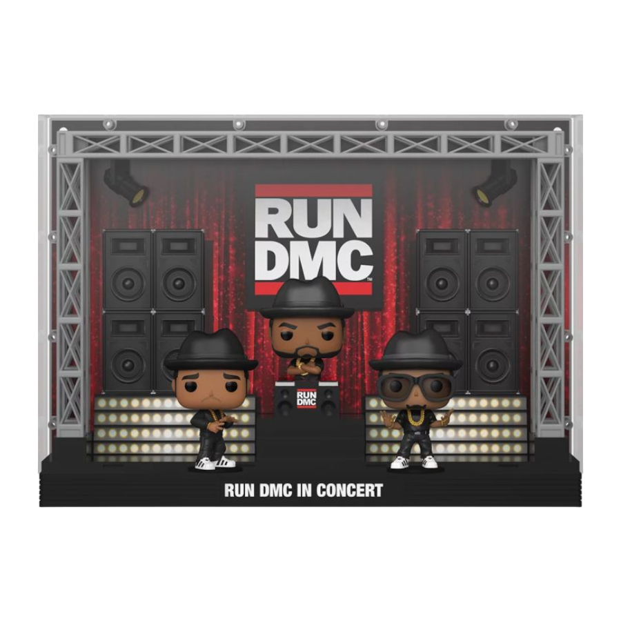 Run DMC Funko Pop! figures on a stage set with speakers and lights. Run DMC Tour US Exclusive Pop! Moment Deluxe