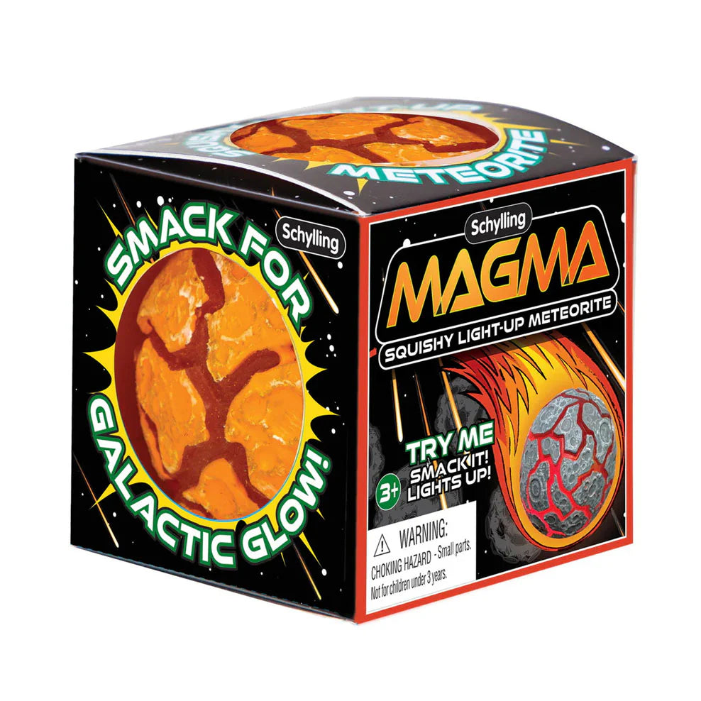 Box of Schylling Magma squishy light-up meteorite toy with colorful design.