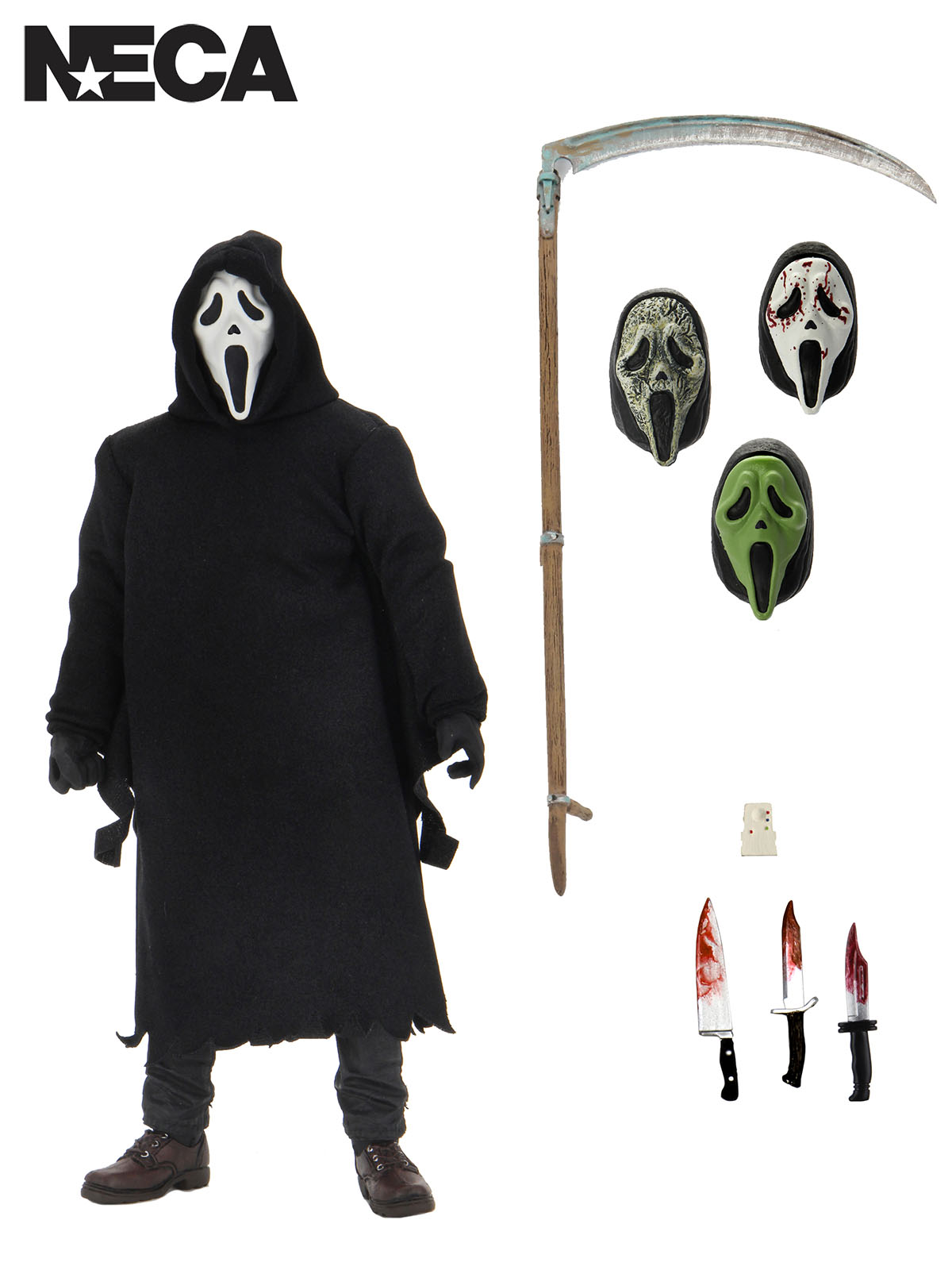 Action figure with black hooded outfit, scythe, and multiple masks on a white background