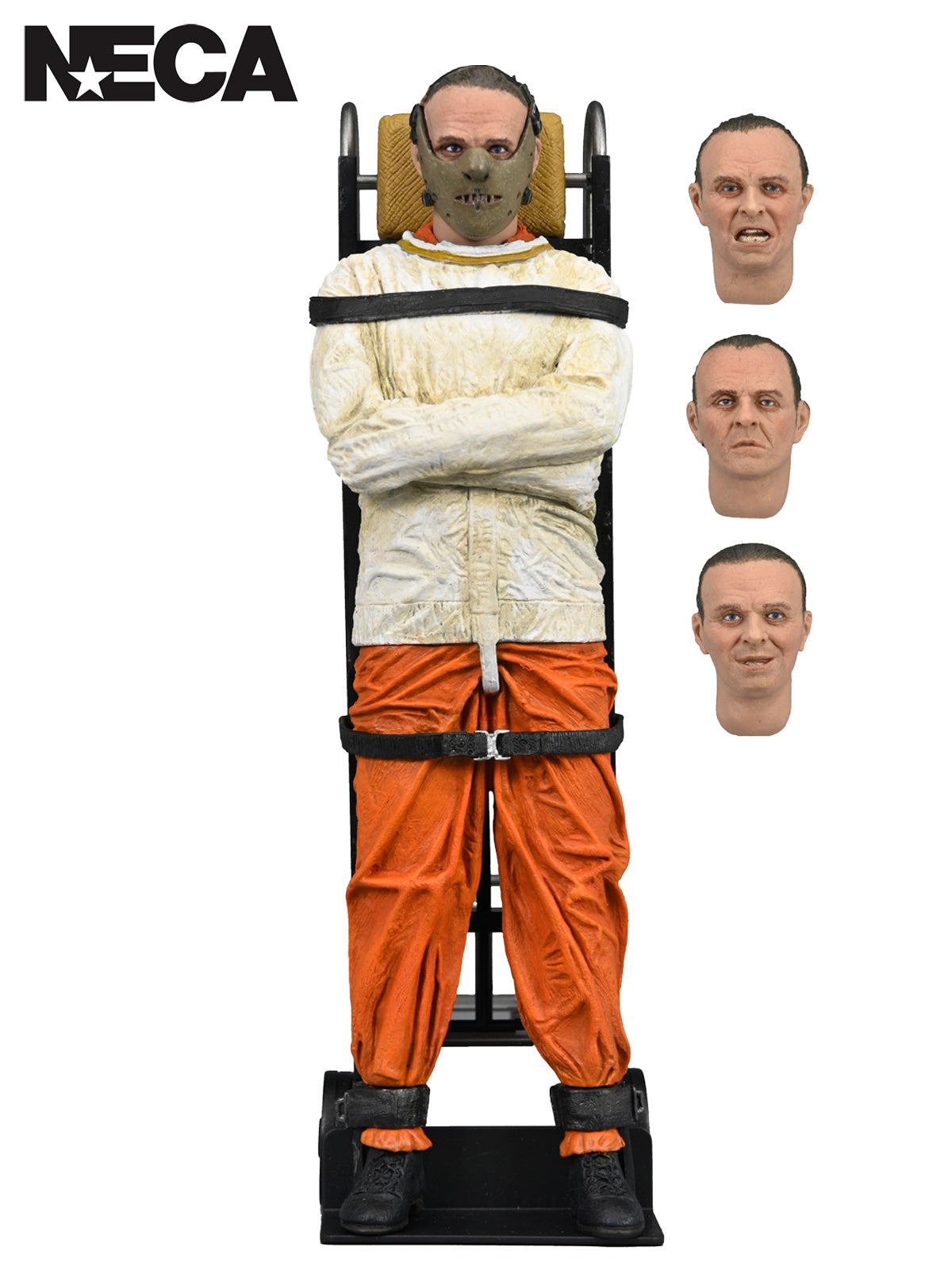 Action figure in orange jumpsuit with multiple head options on a white background, featuring NECA branding.