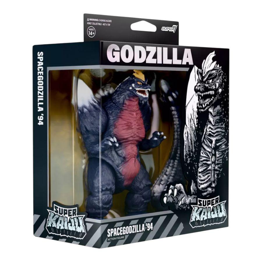 Packaged toy figure of Spacegodzilla '94 with Super Kaiju branding on a white background