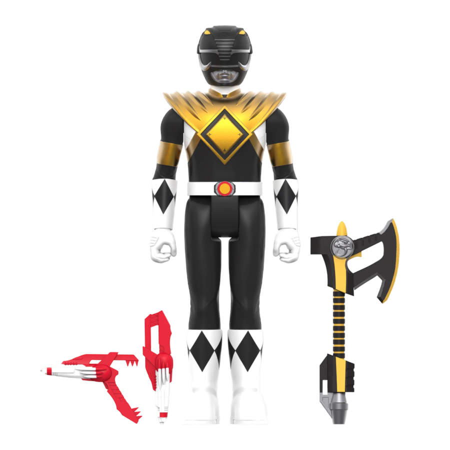 Power Rangers toy figure in black and gold costume with weapons on a white background