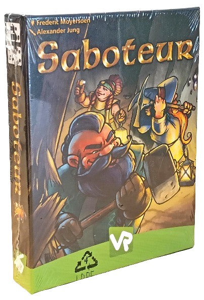 Board game box for 'Saboteur' with characters and logo on packaging