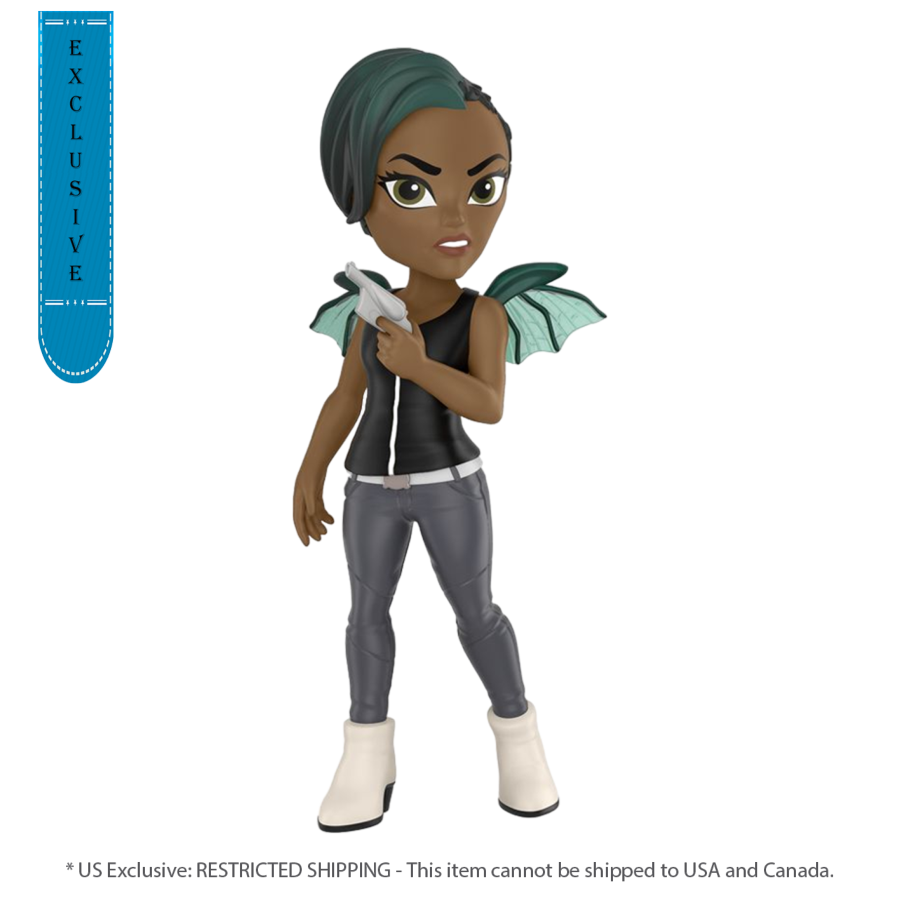 Toy figure with green hair and wings holding a gun, on a white background.