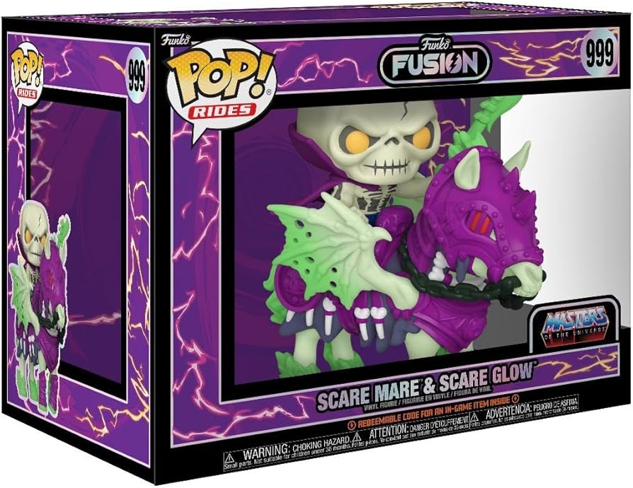 Green Skeletor glowing Figure, with purple and neon green horse. Scare Mare & Scare Glow Pop! Ride Figure.