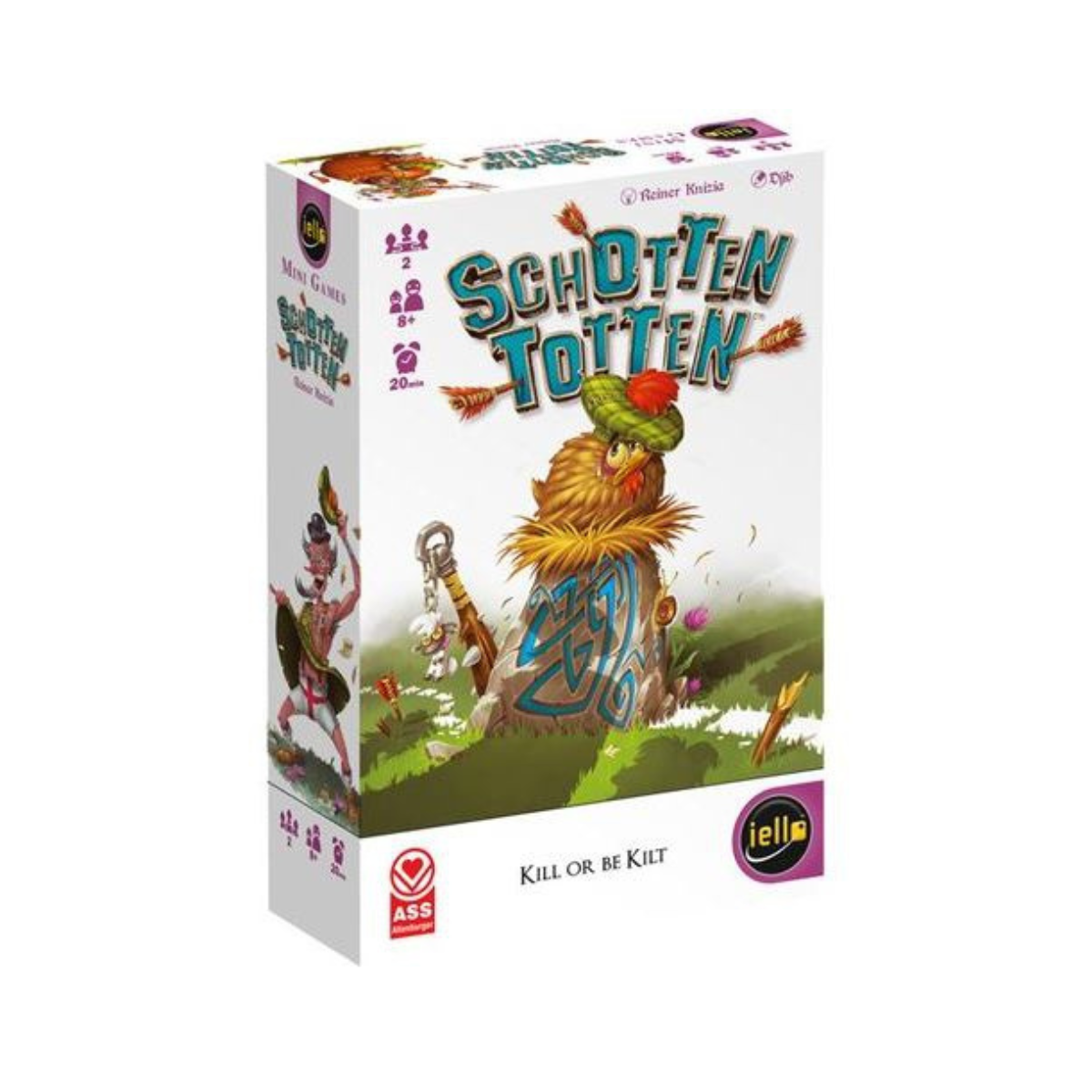 Board game box for 'Schotten Totten' featuring a whimsical illustration of a golden retriever dressed as a cowboy with a rifle, on a white background.