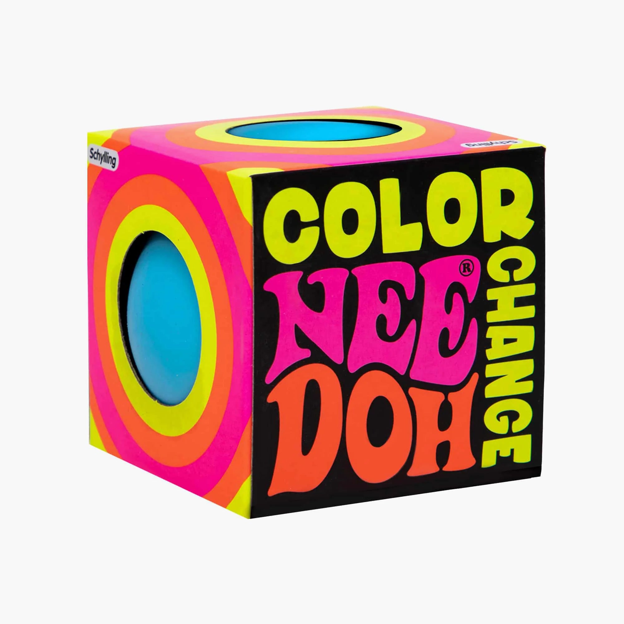 Colour Change Nee Doh toy packaging with vibrant colours on a white background. Schylling - Colour Changing Nee Doh.