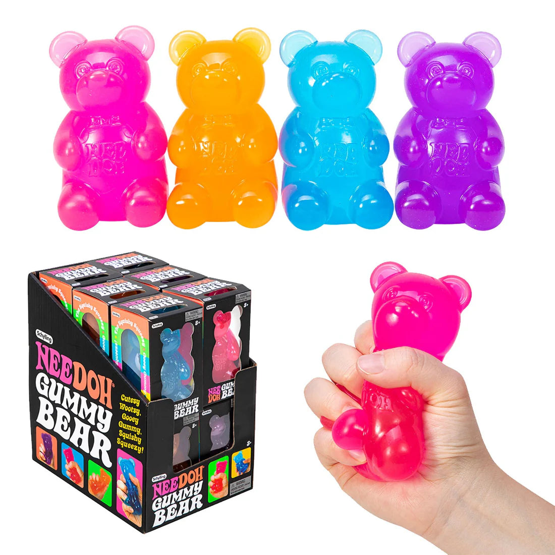 Colourful gummy bear toys with packaging and a hand holding a pink one.