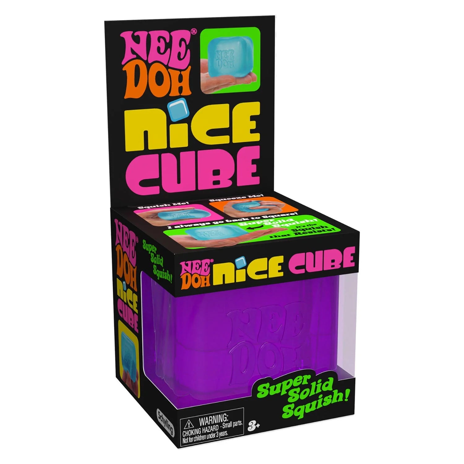 Box of Nee Doh Nice Cube with colourful text and a purple cube inside. Schylling - Nice Cube Nee Doh.
