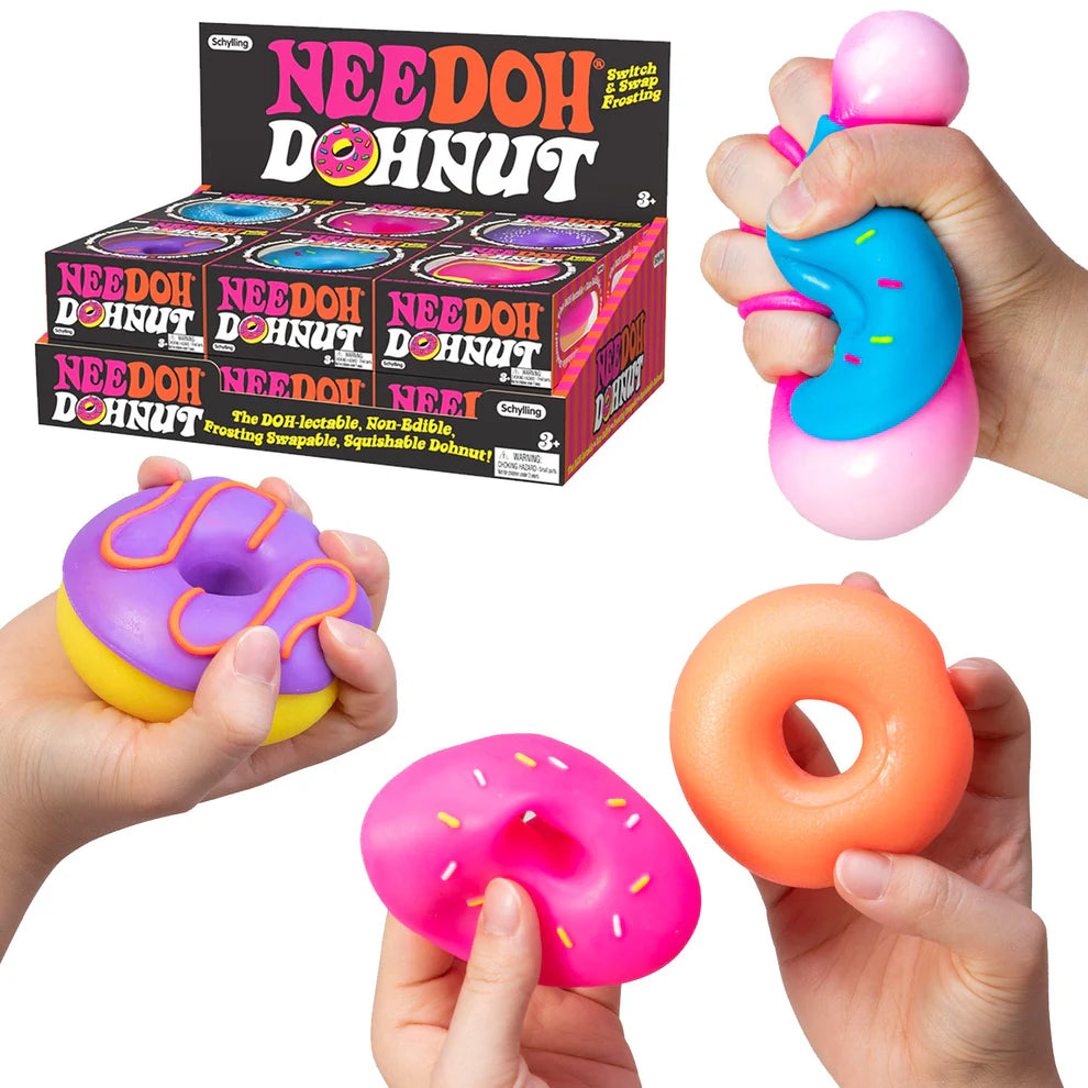 Colorful donut-shaped stress relievers with packaging and hands holding them.