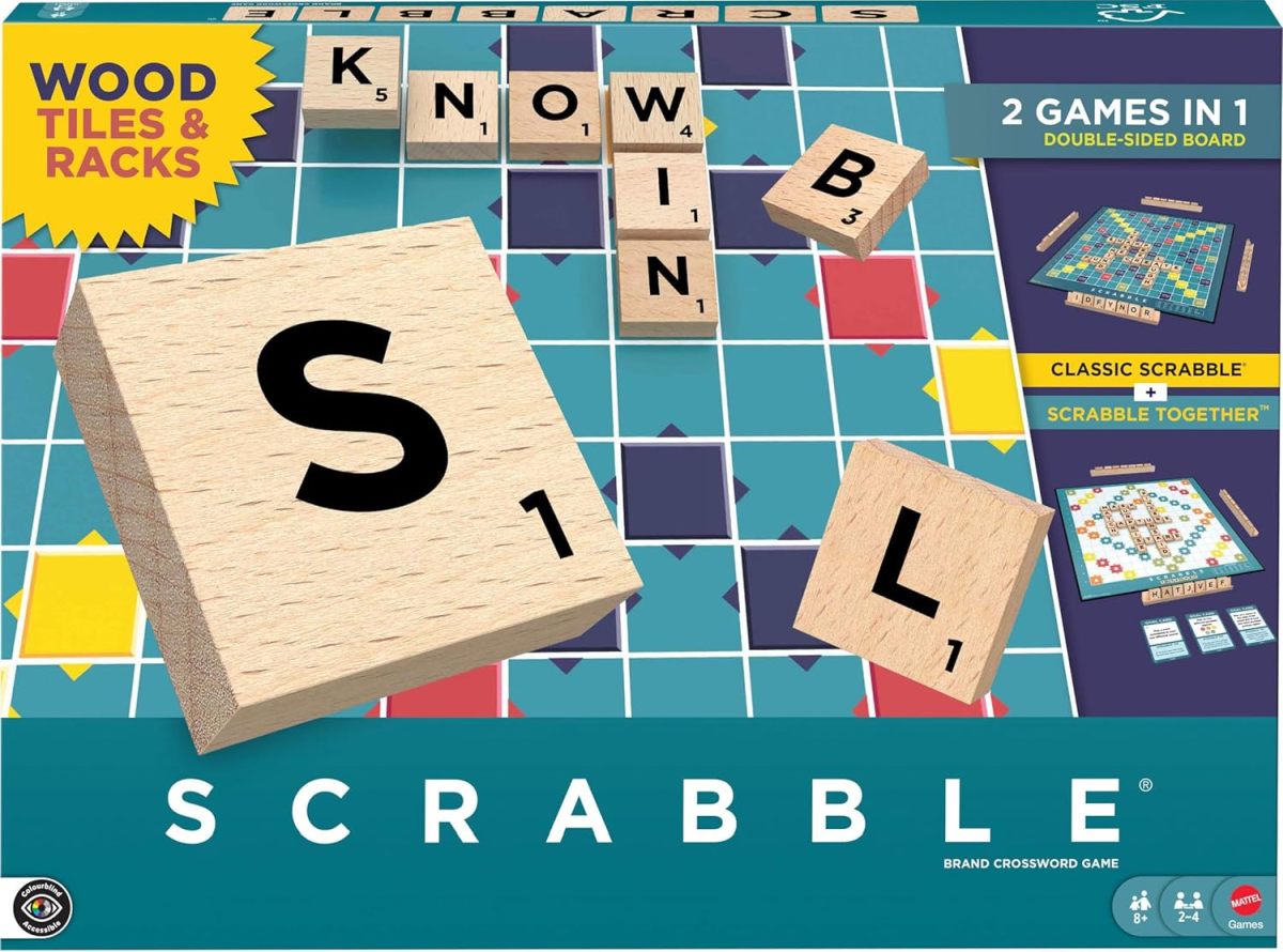 Scrabble board game packaging with wooden tiles and Scrabble pieces on a colorful grid background.