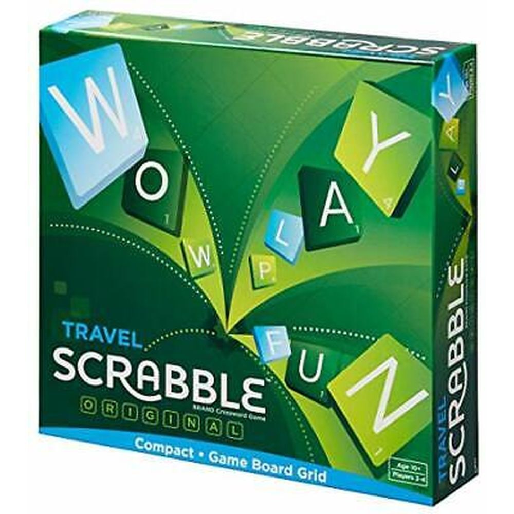 Travel Scrabble game box with green and blue design on a white background