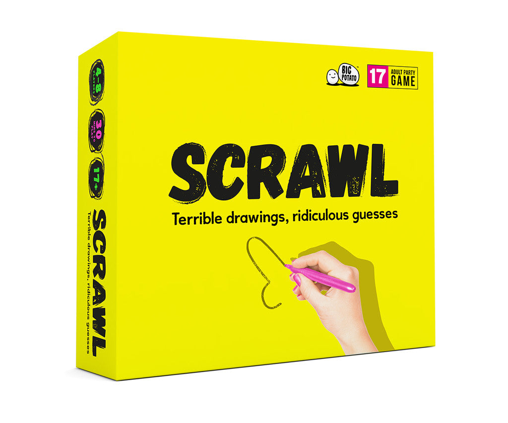 Yellow box of the game 'Scrawl' with a hand holding a pink pen.
