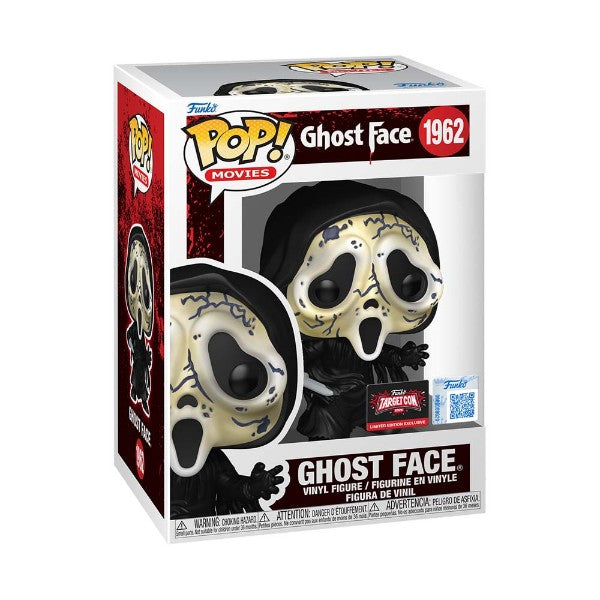 Funko Pop! Ghost Face vinyl figure packaging on a white background. Scream - Ghostface Distressed Mask US Exclusive Pop! Vinyl.