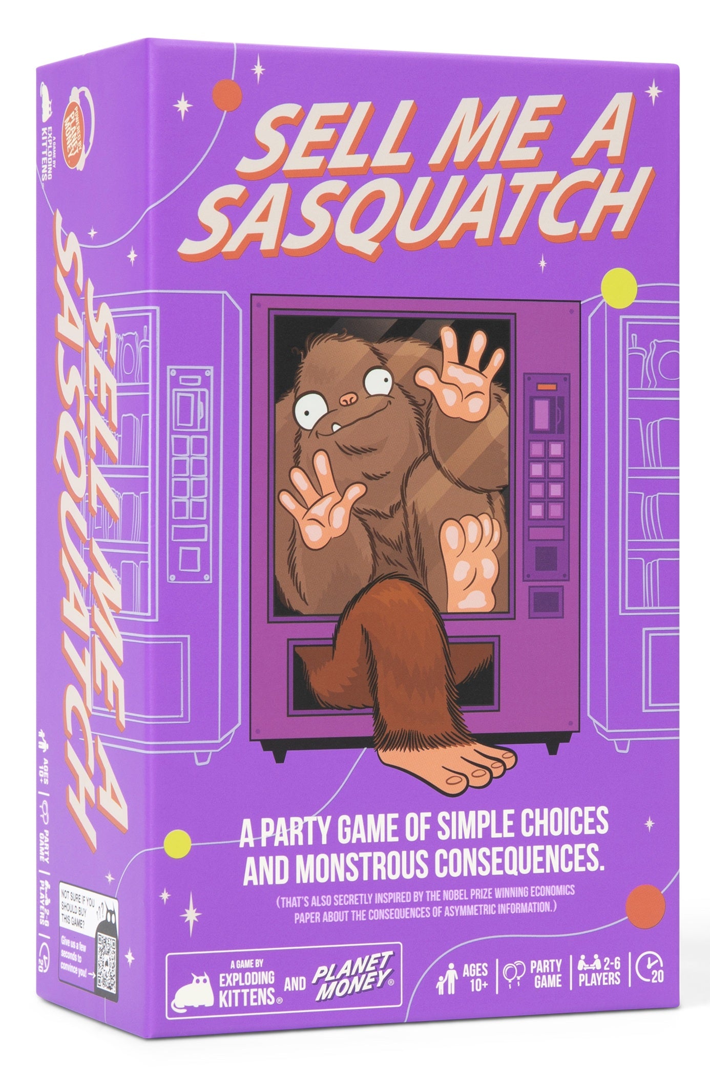 The board game box for 'Sell Me a Sasquatch' by Planet Money, featuring a purple background with a cartoon sasquatch sitting in a vending machine. The box includes various game icons and text detailing the party game rules.