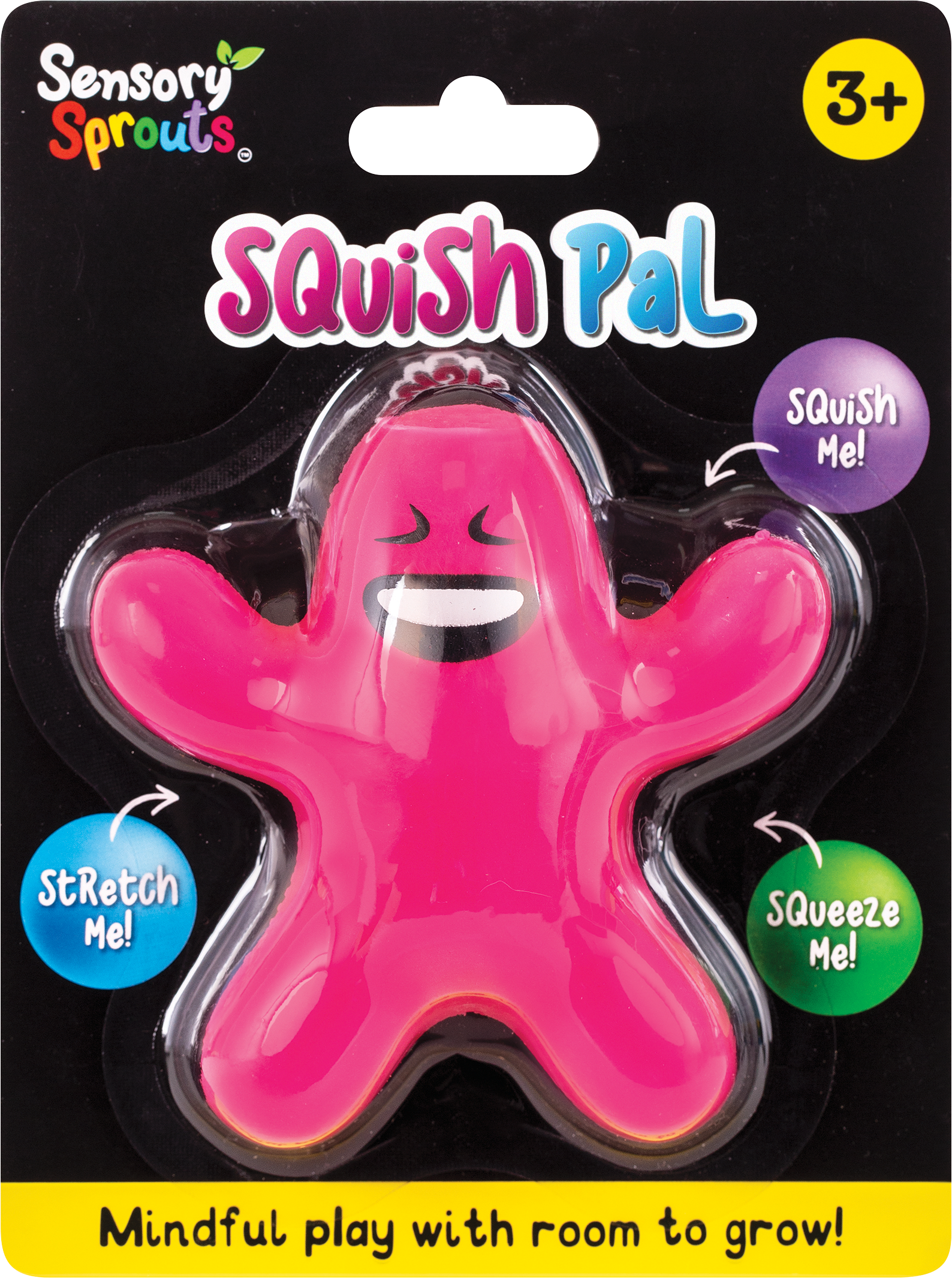 Sensory Sprouts Squish Pal Pink in blister on black background