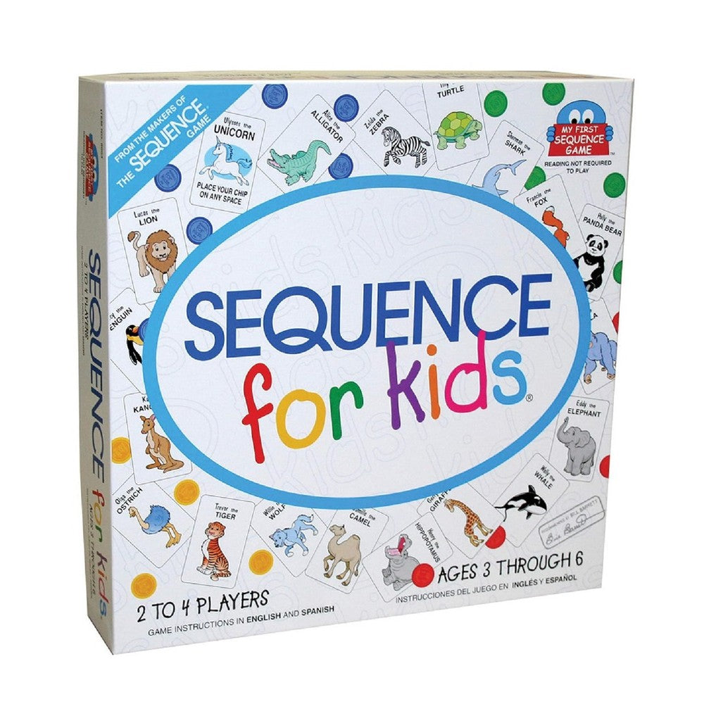 Box of 'Sequence for Kids' board game with colorful illustrations on a white background