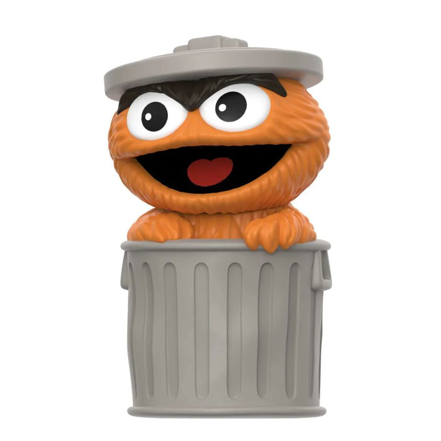 Orange character with a gray hat peeking out from a trash can on a white background