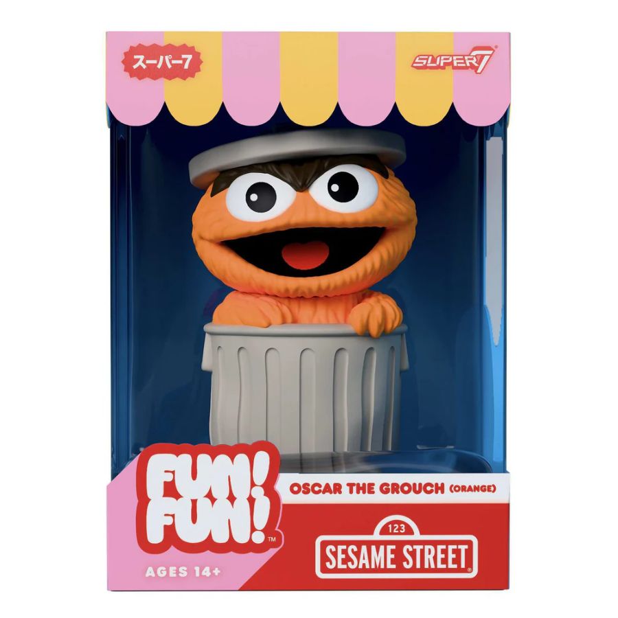 Oscar the Grouch figurine packaging from Sesame Street with Super7 branding.