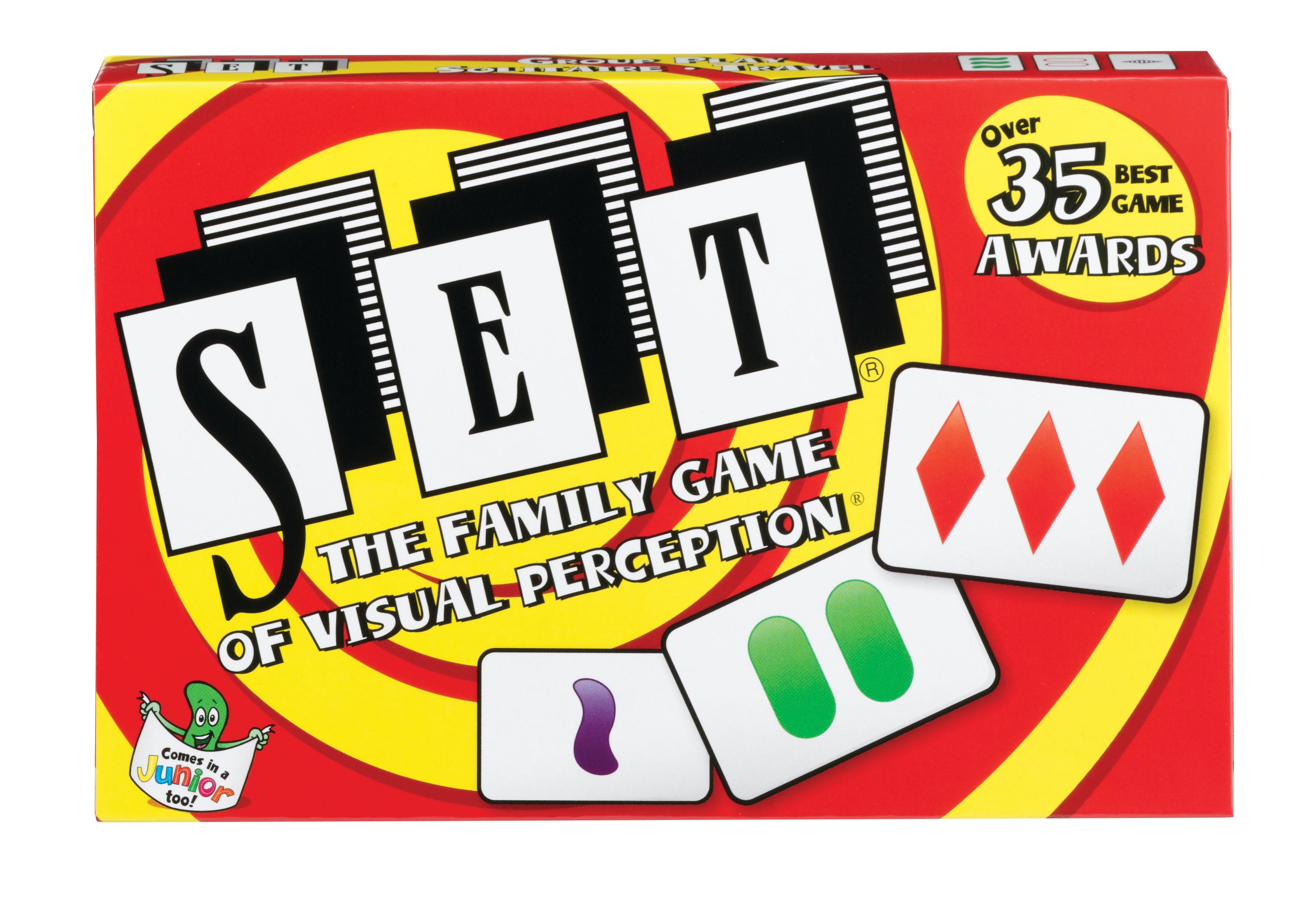 Box of the board game 'Set' with colorful tiles on a red background