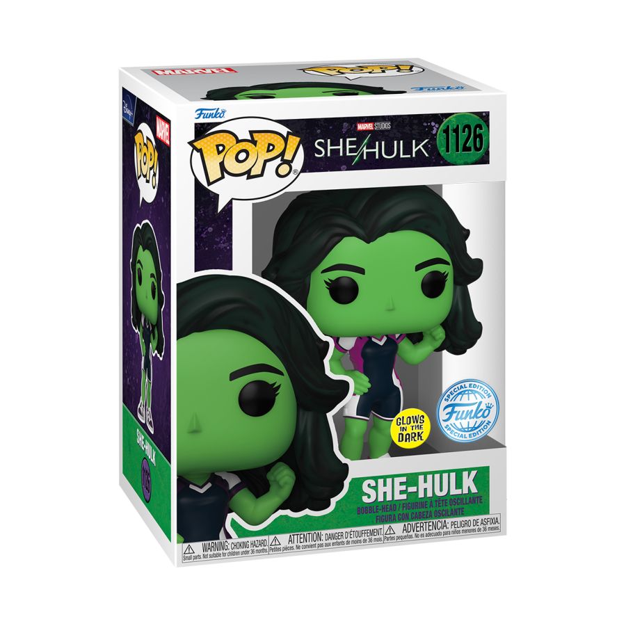 She hulk action figure posed in jumpsuit/ sport attire. She-Hulk Glow - Pop! Vinyl.