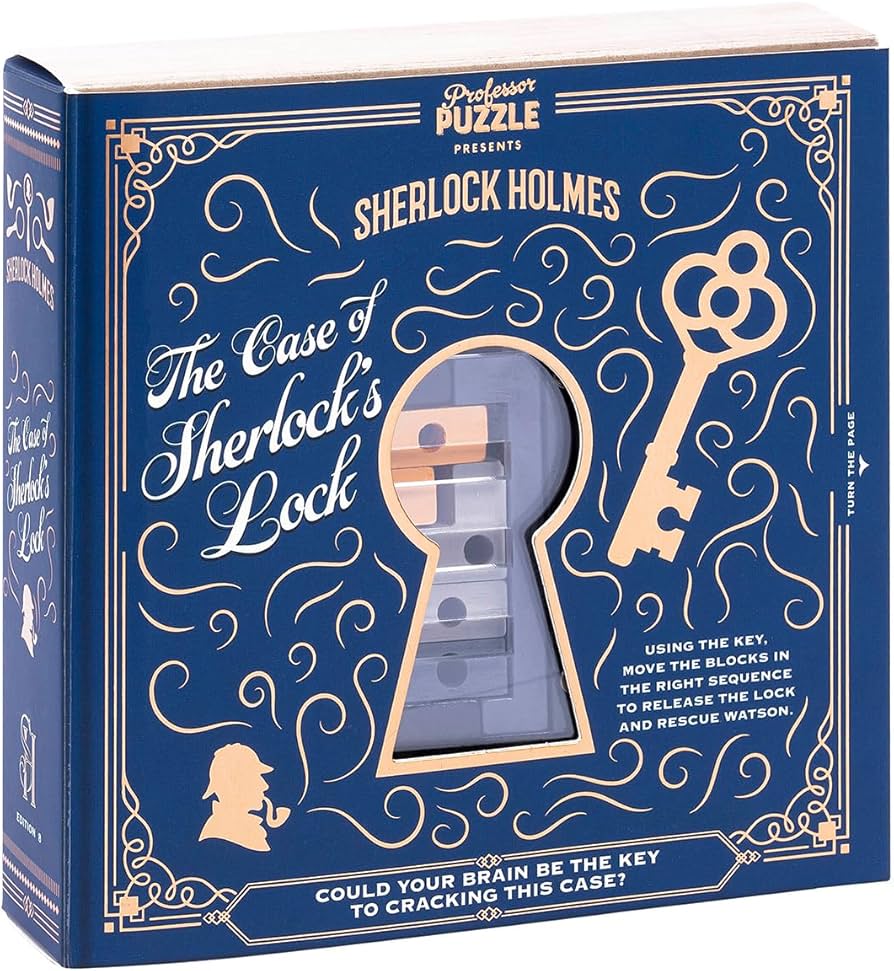 This Image features a photo of the board games cover, which is dark blue with a keyhole shaped window to see the lock inside. 