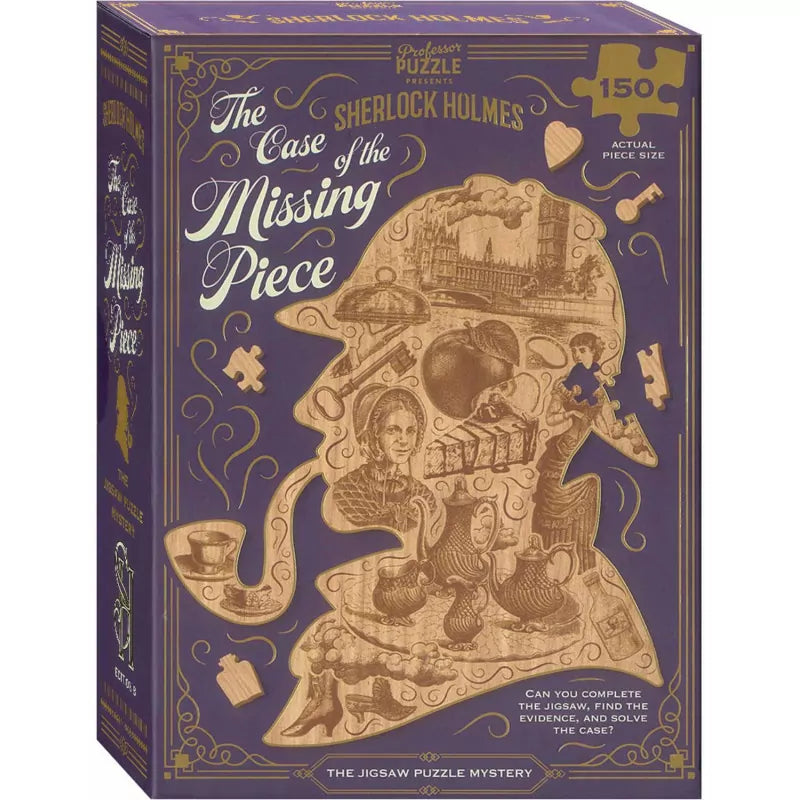 Sherlock the missing piece cover is purple and displays a cutout of the finished puzzle. 