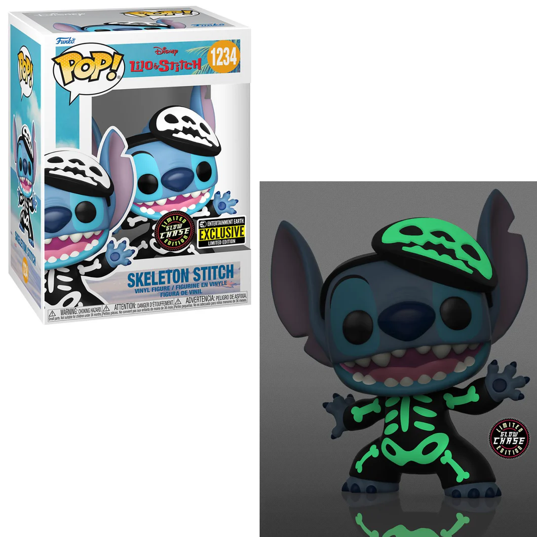 Funko branded packaging with clear window. Stitch is inside the box wearing a glow in the dark skeleton costume. 