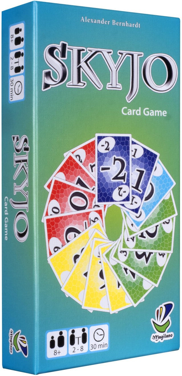 Box art for the card game SKYJO by Alexander Bernhardt, featuring a green-to-blue gradient box with a circular fan of numbered cards on the front.