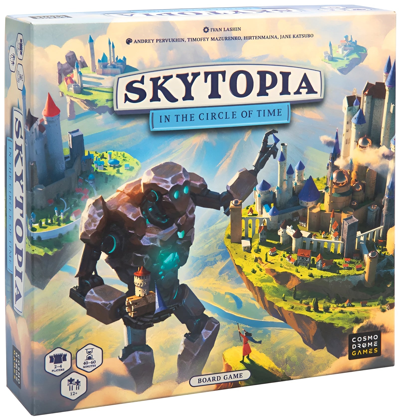 Board game box for 'Skytopia: In the Circle of Time' with a giant robot and castle illustration.