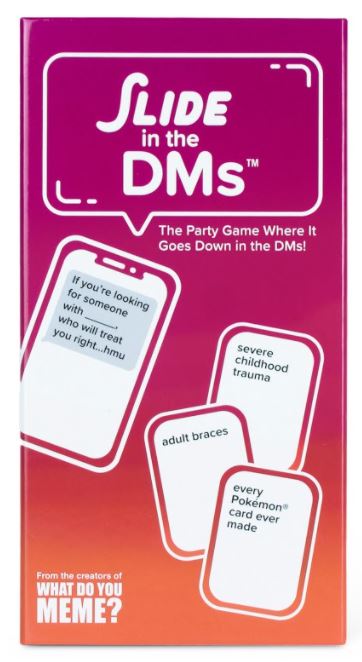 Card game packaging titled 'Slide in the DMs' with phone screen graphics on a pink and orange gradient background.