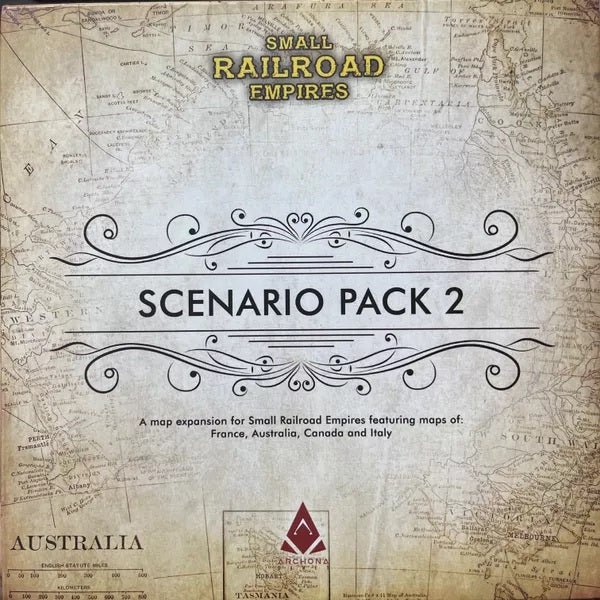 Vintage map style box, with old map of Australia in background, and "Scenario pack 2" printed on cover.