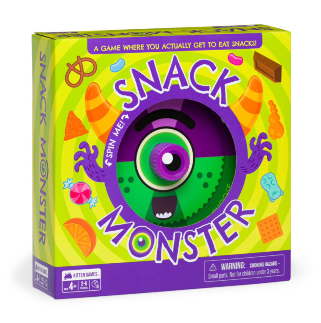 Box of 'Snack Monster' game with colorful design and eye-like graphic.