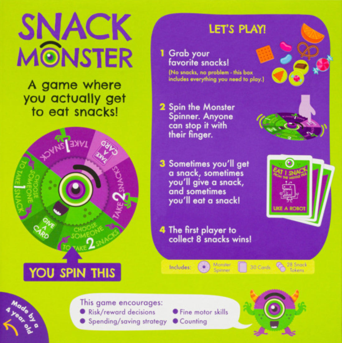 Snack Monster game packaging with instructions and graphics on a green and purple background