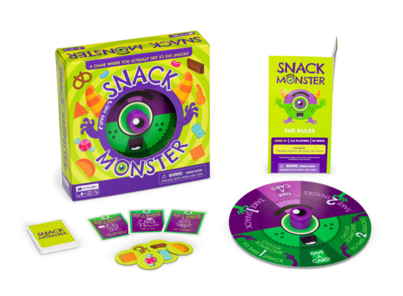 Snack Monster game set with colorful packaging and components on a white background