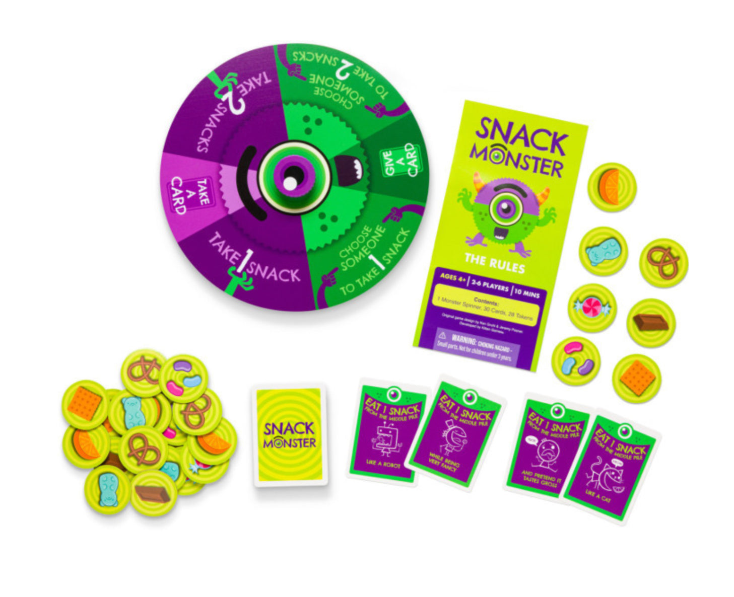Snack Monster game components including a spinner, cards, and tokens on a white background