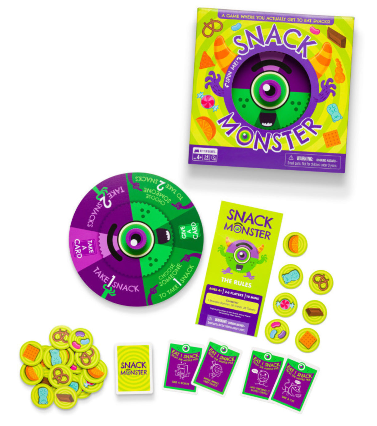 Snack Monster board game components including the box, spinner, cards, and tokens on a white background.