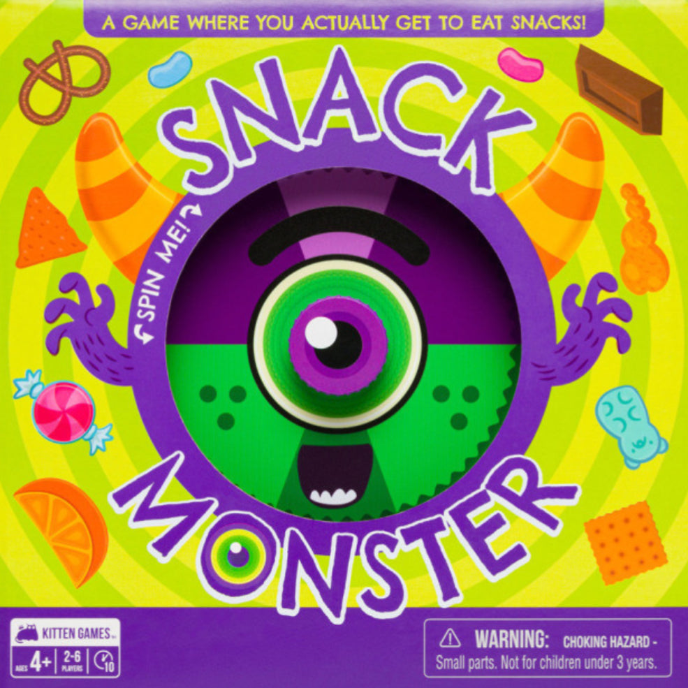 Board game box for 'Snack Monster' with colorful design and text.