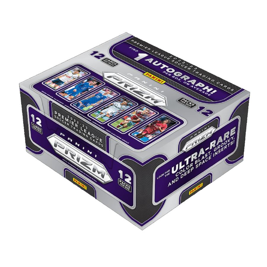 Box of Prizm trading card packs with purple and gray design