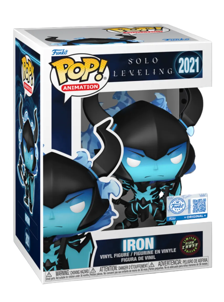 Funko branded packaging with clear window. Inside box is glow in the dark Iron chase action figure, with a blue and black colour scheme.