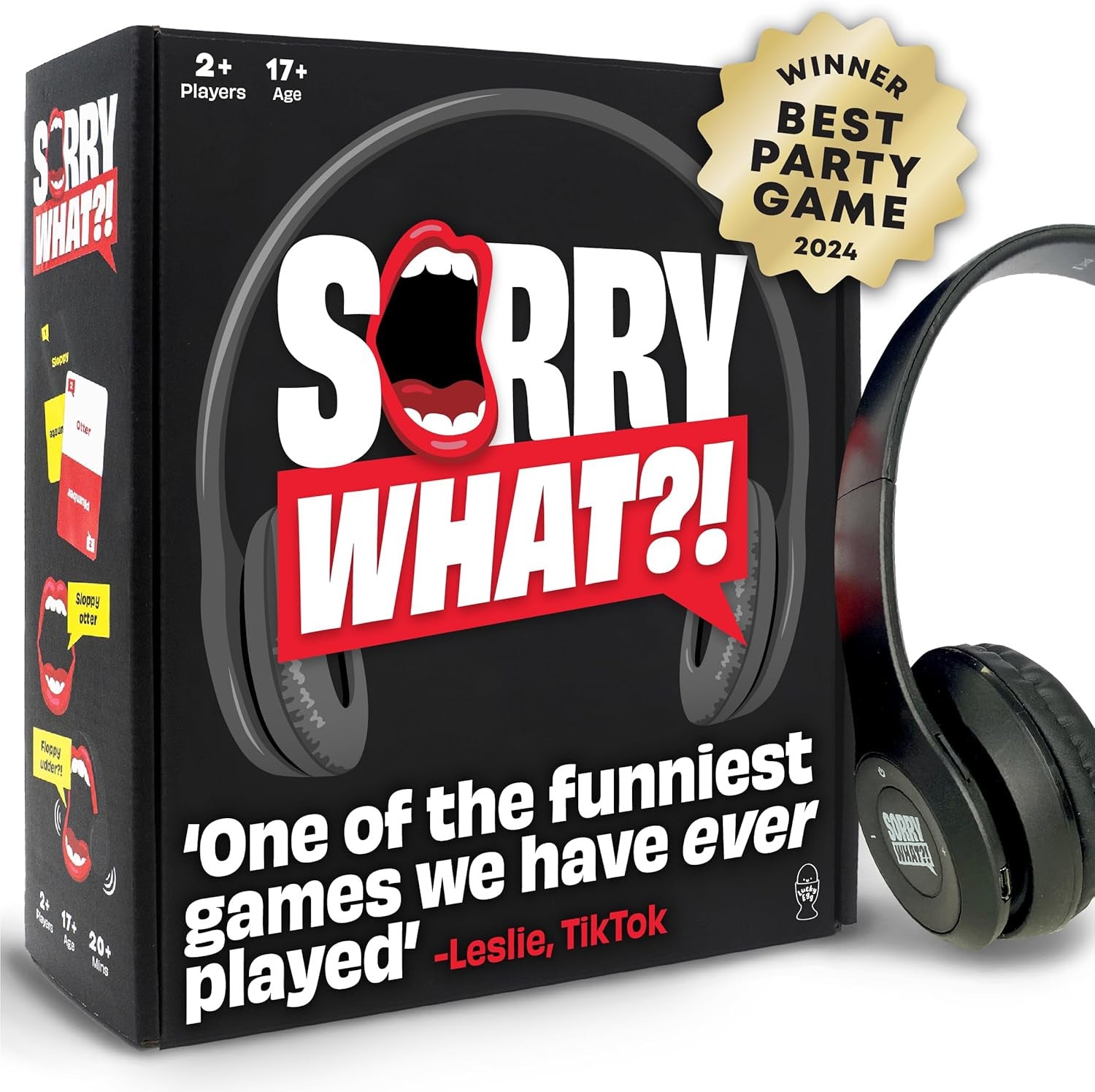 Box of 'Sorry What?!' game with headphones and a 2024 Best Party Game award badge.