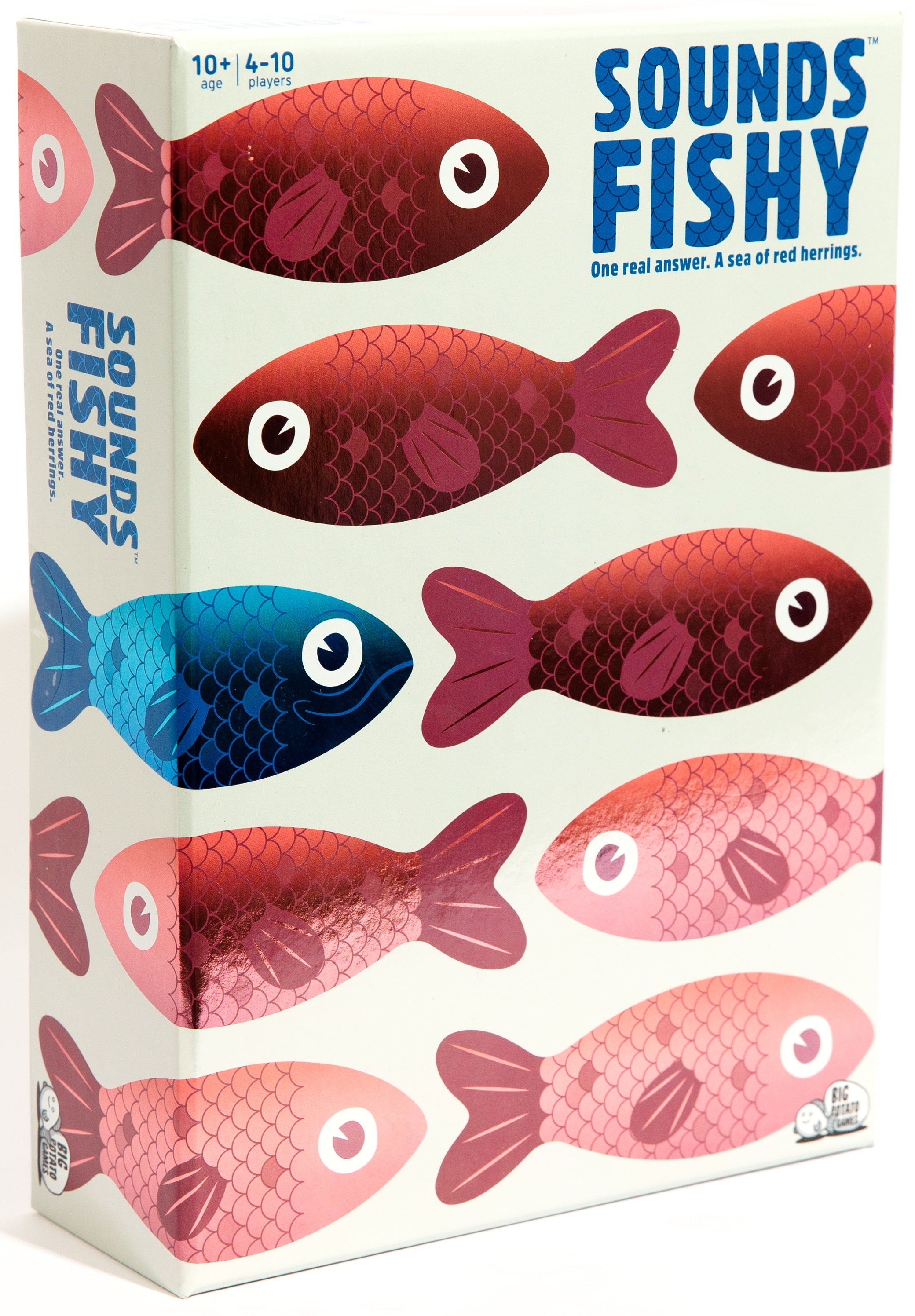 Box of 'Sounds Fishy' game with red, blue, and pink fish illustrations.