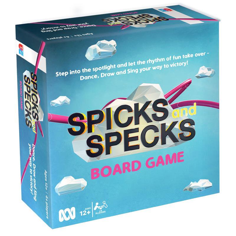 Spicks & Specks Board Game. Blue box with the Spicks and Specks TV logo, contains the Spicks and Specks board game.